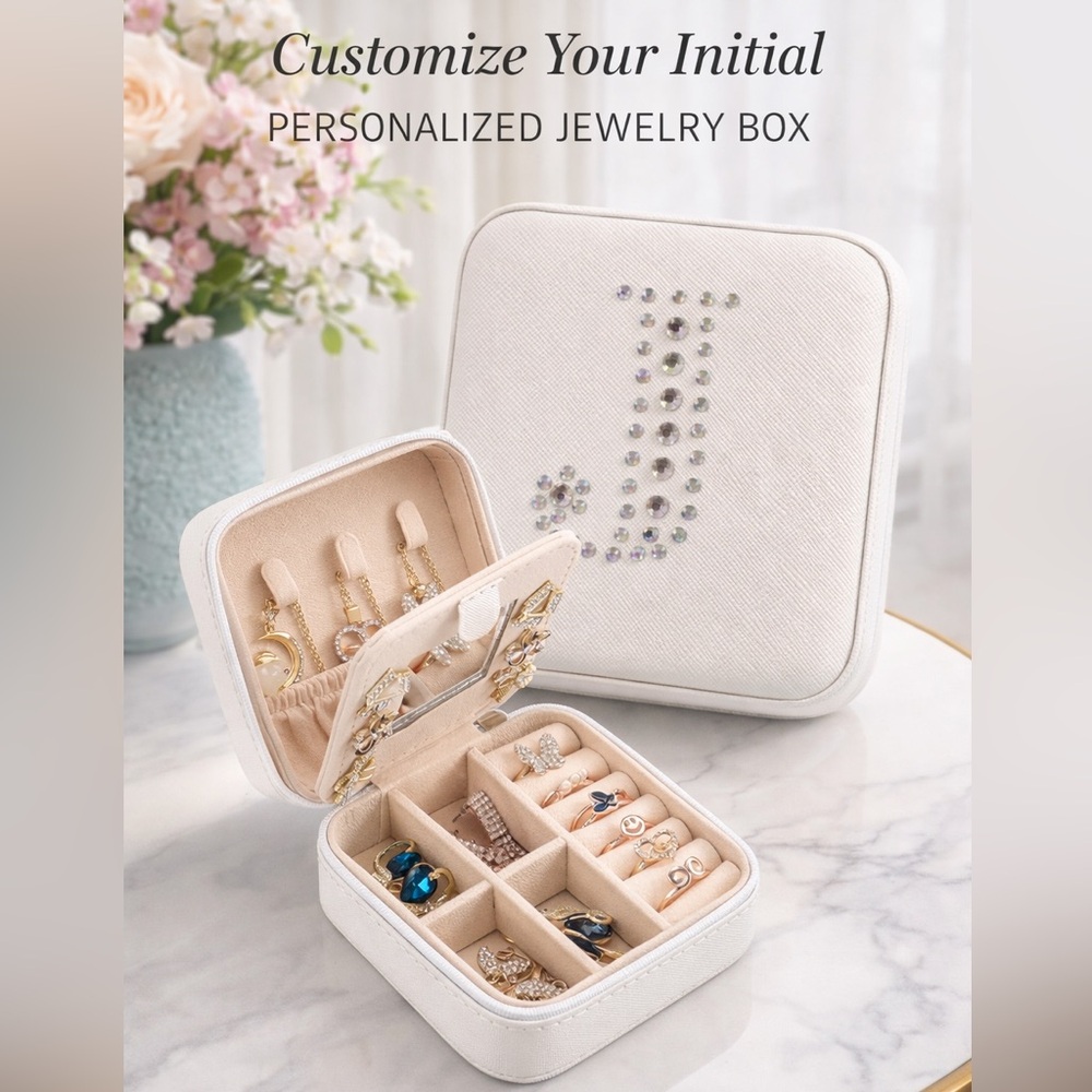 Personalized White Jewelry Travel Case with Rhinestone Monogram